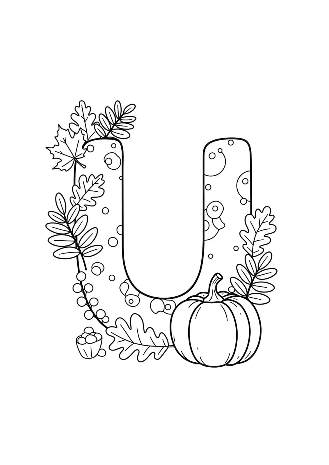 Large letter U with autumn leaves and a simple pumpkin outline for preschool coloring.