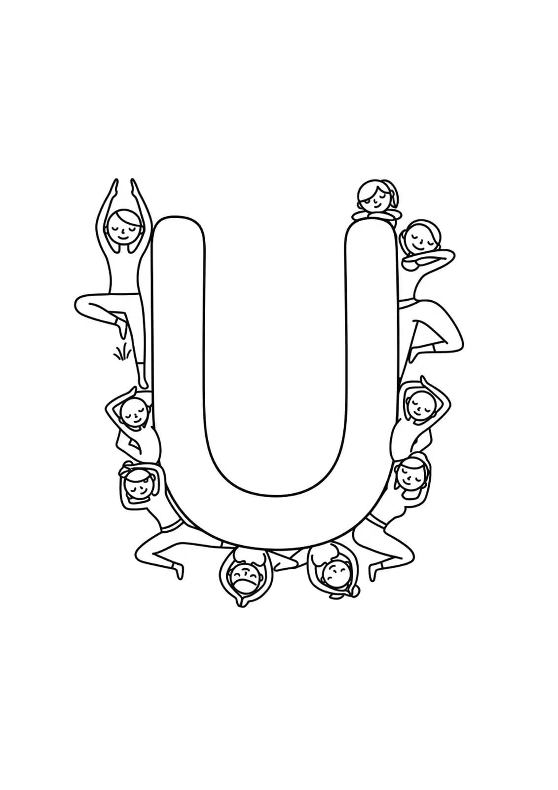 Letter U with easy, outlined figures in yoga poses around it in a simple coloring design.
