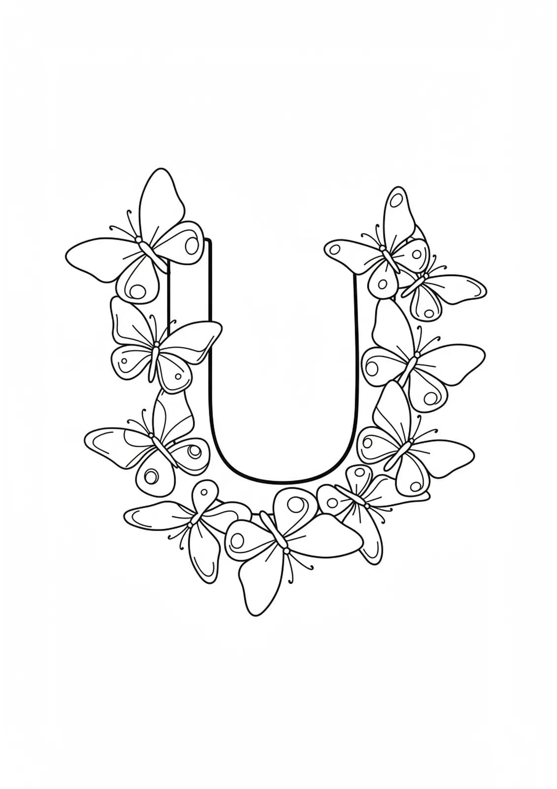 Letter U surrounded by several easily outlined, large butterflies on a simple coloring page.