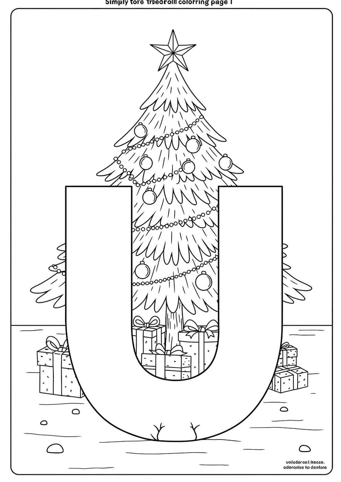 Coloring page with letter U under a Christmas tree with presents for young children.