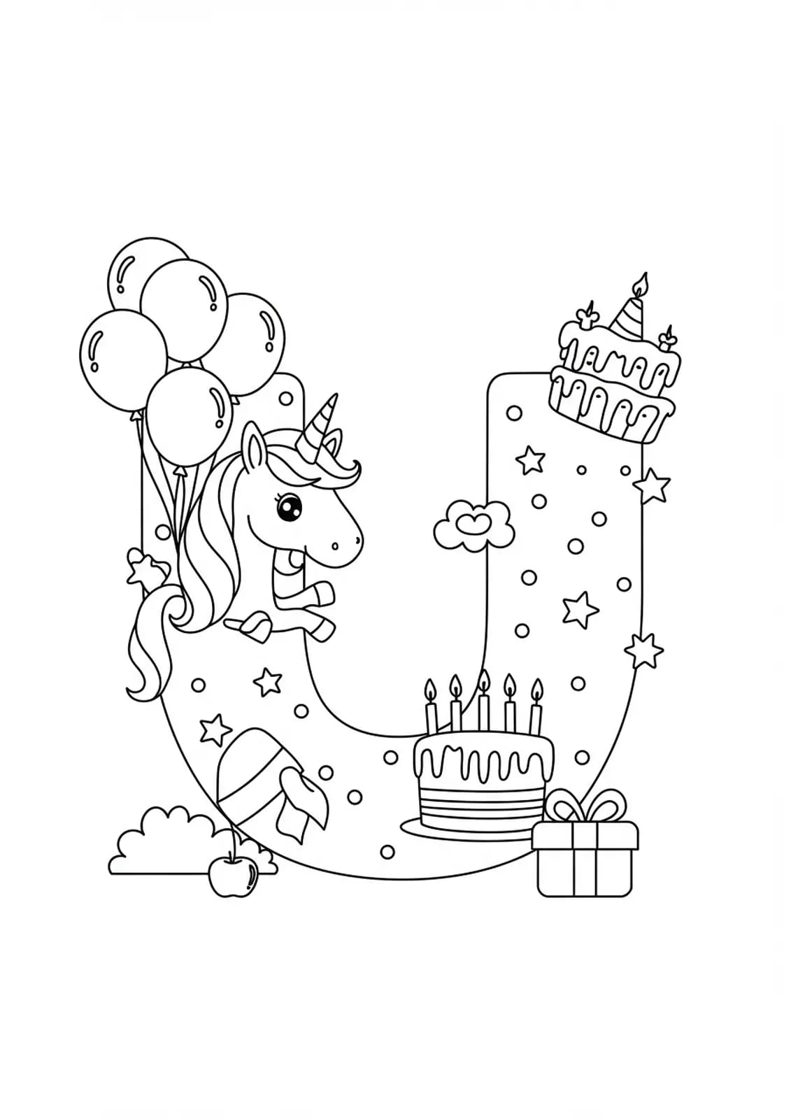 Large letter U with a unicorn, birthday cake, and balloons for preschool coloring.