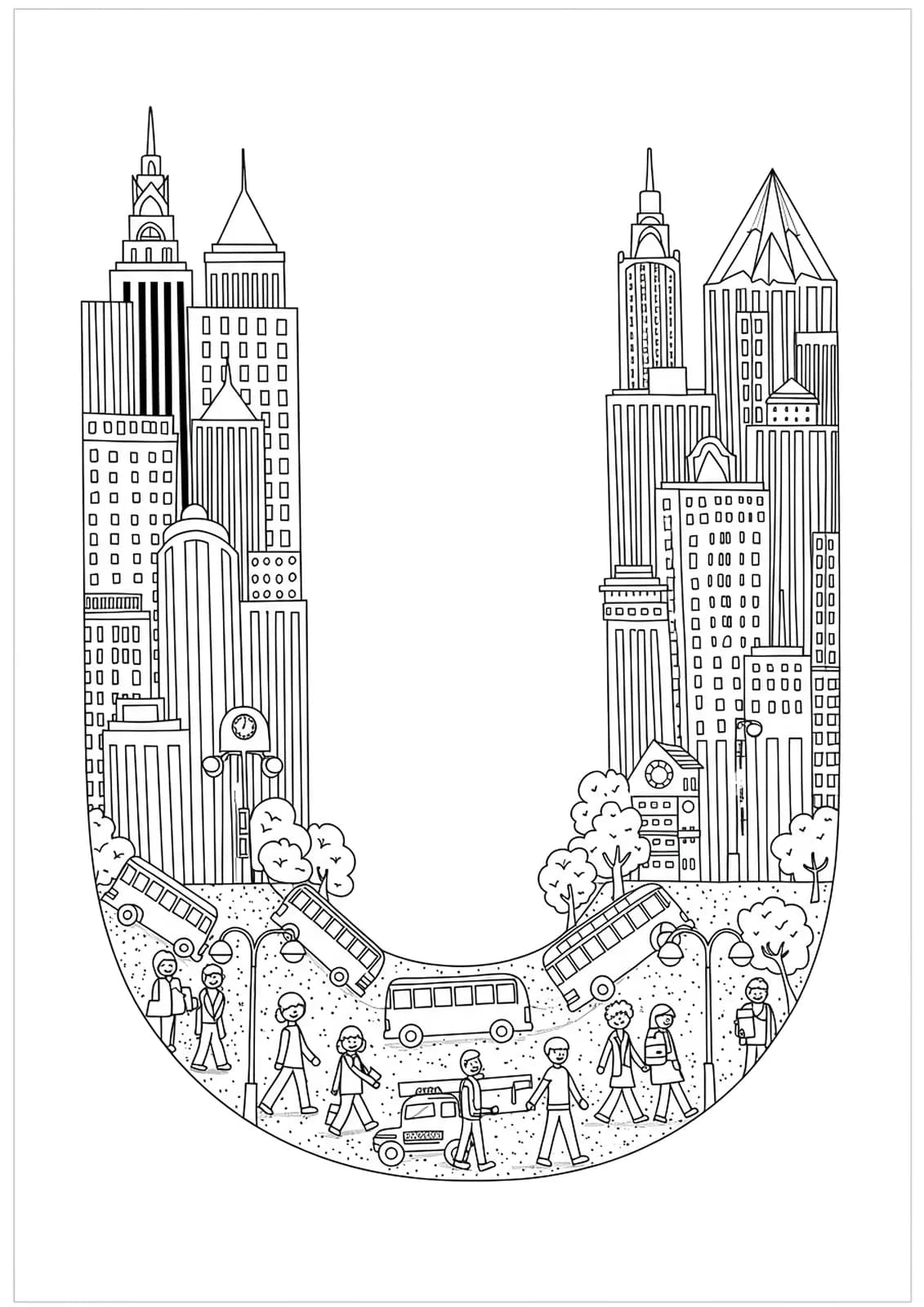 Letter U surrounded by city buildings, taxis, buses, and people walking in an urban scene for coloring.