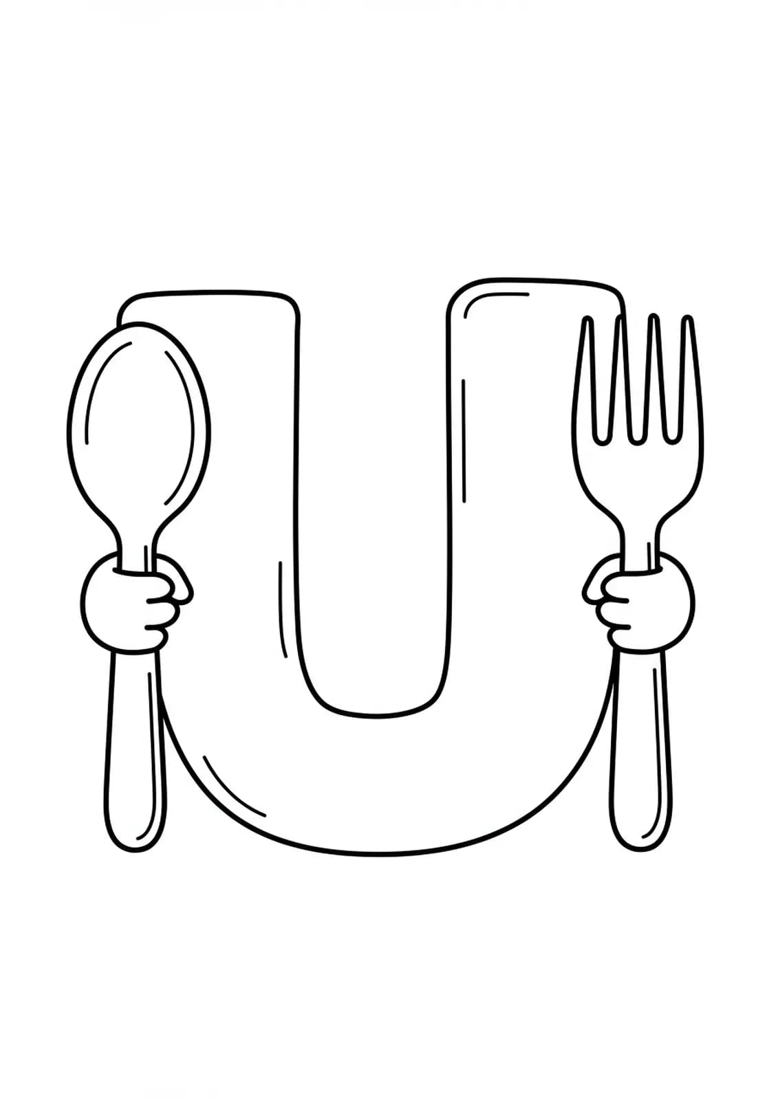 Large letter U with simple spoon and fork outlines for preschool coloring.