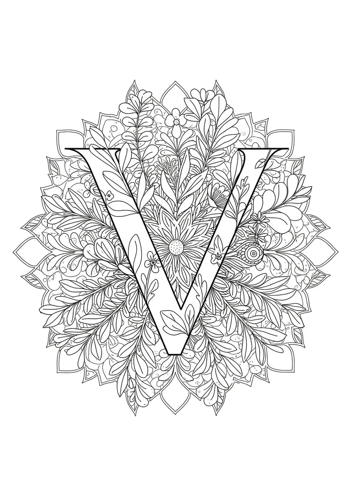 Mandala-style line art with the letter V in the center, surrounded by garden leaves and flowers for adult coloring.