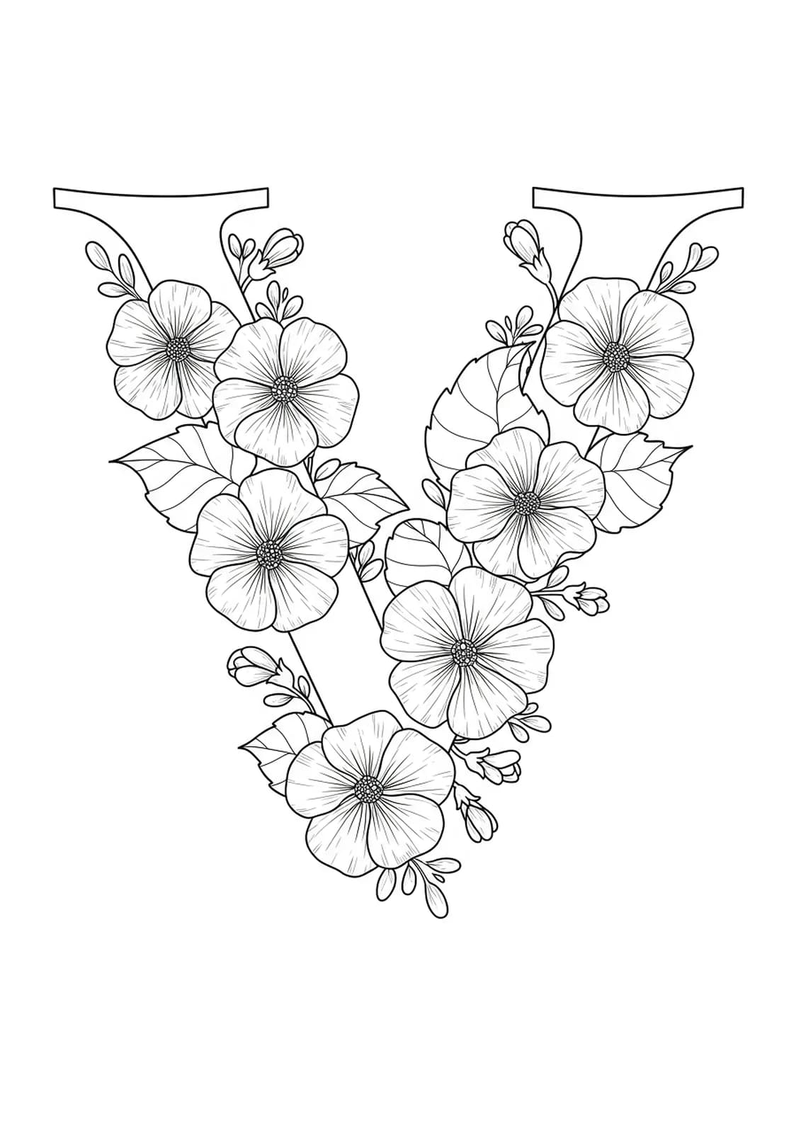Line art of the letter V with violet flowers, decorative stems, and leafy accents.