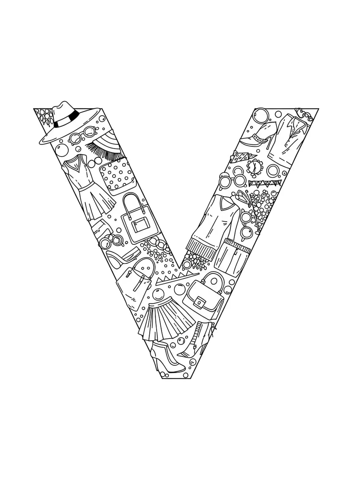 Letter V with fashion elements like sunglasses, hats, shoes, and pattern backgrounds in line art.