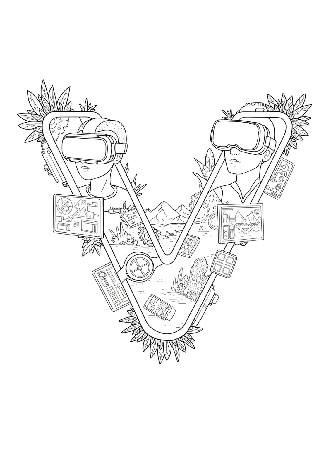 Line art of the letter V with VR headsets, digital grid backgrounds, and futuristic graphics.