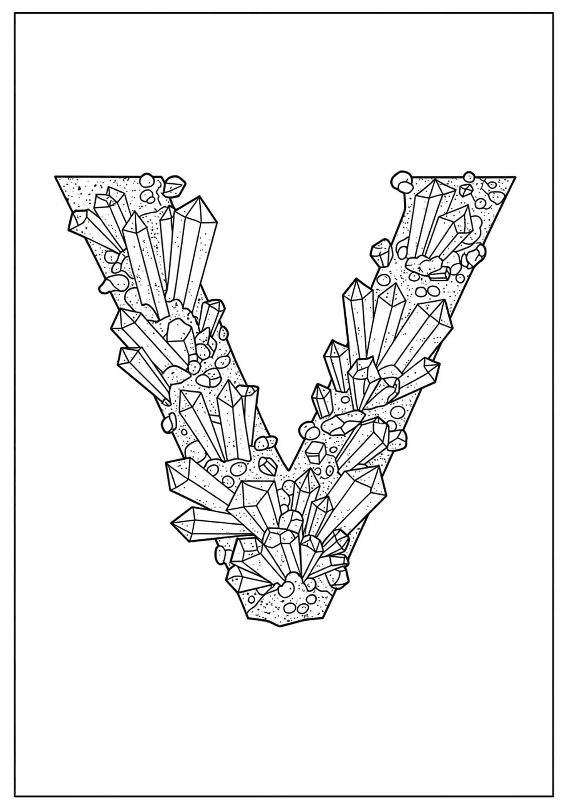 Line art of the letter V surrounded by detailed crystals and minerals for adult coloring.