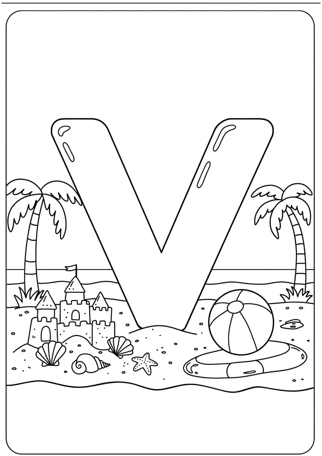 Large letter V on a sandy beach with seashells, sandcastles, palm trees, and a beach ball.