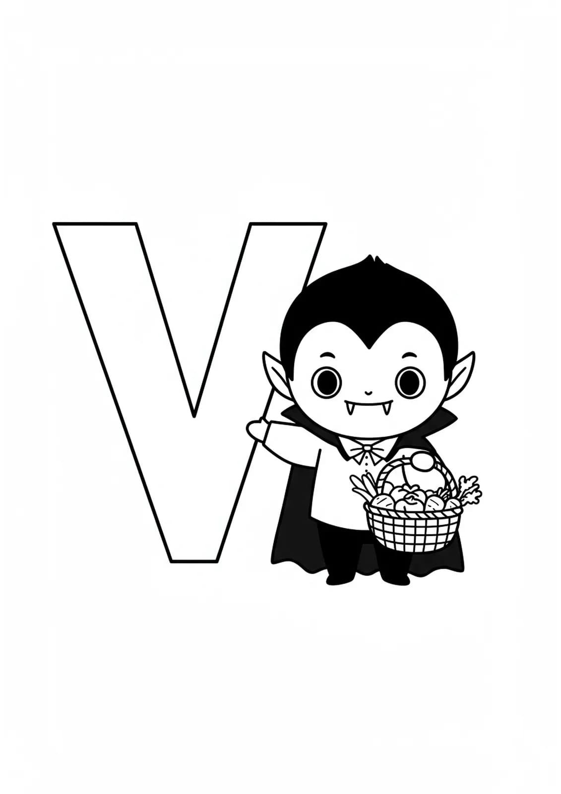 Cute vampire holding vegetables with a large letter V, easy Halloween-themed coloring page.