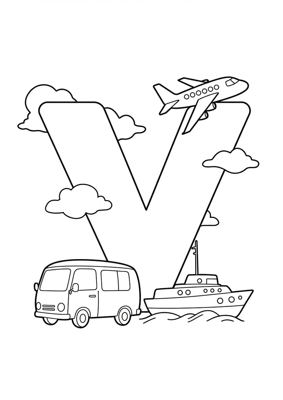 Large letter V with a van, jet, and boat, easy vehicle-themed coloring page for kids.
