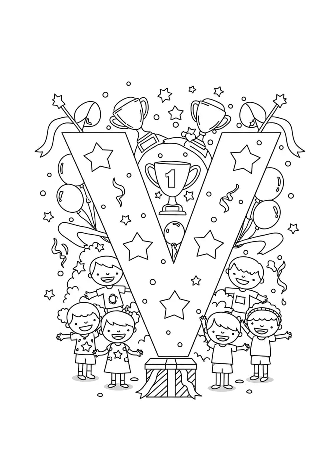 Large letter V with trophies, confetti, balloons, and children cheering.