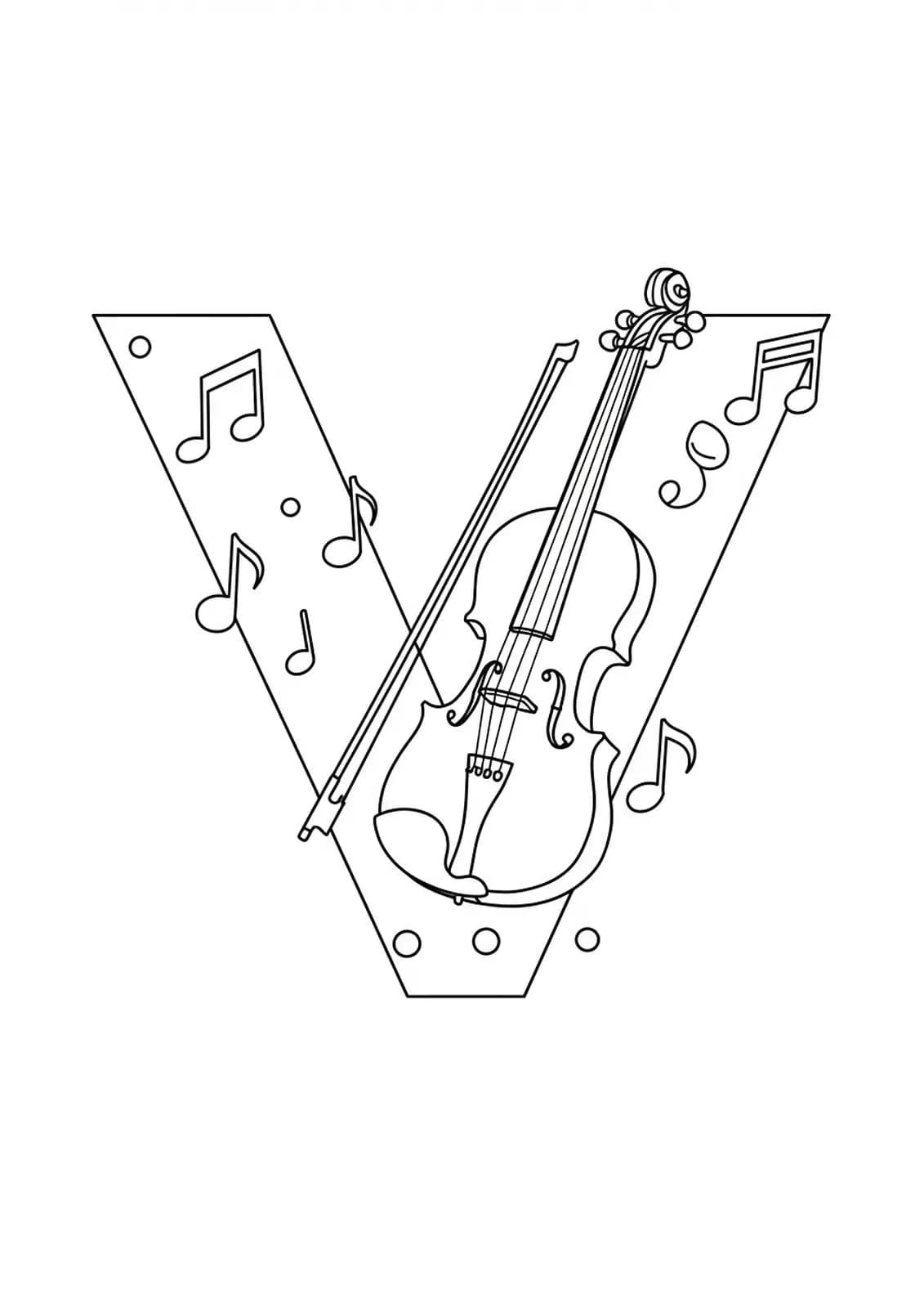 Large letter V with a violin and music notes, easy coloring page for kids.