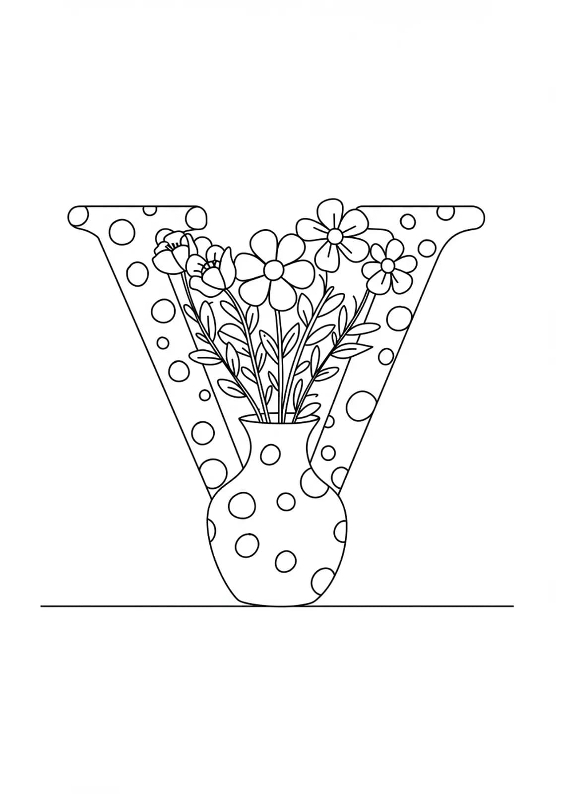 Large letter V with a simple vase holding flowers for preschool coloring.