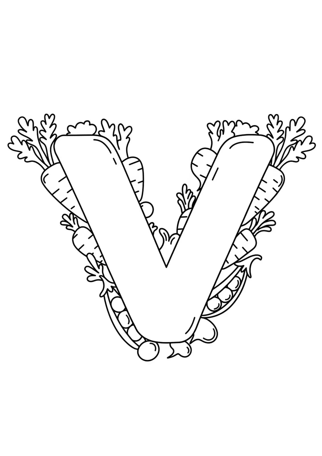 Large letter V with simple vegetables like carrots and peas around it for coloring.