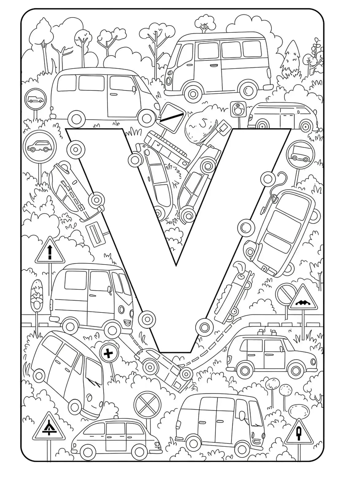 Intricate vehicles coloring page with the letter V, vans, and cars for preschoolers.