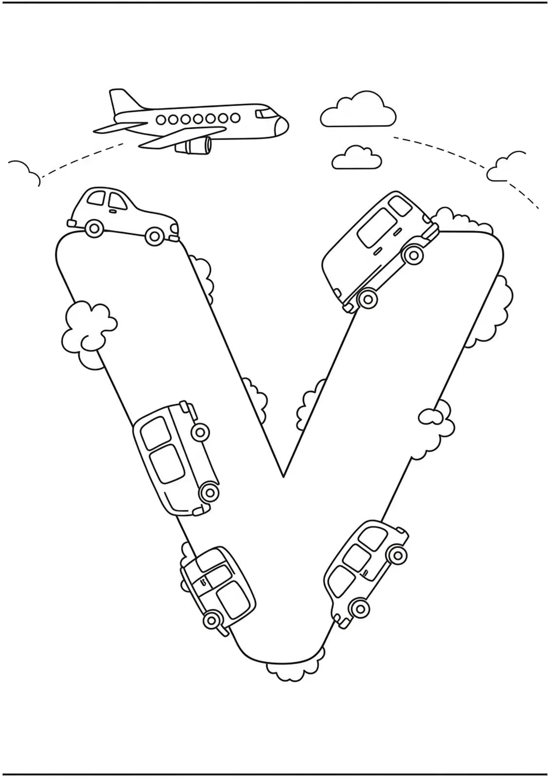 Large letter V with cars, vans, and an airplane flying around it.