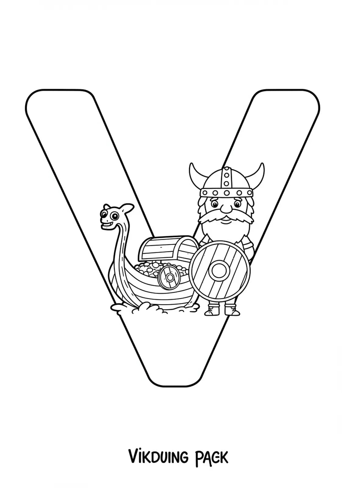 Large letter V with a cartoon Viking, Viking ship, shield, and treasure chest.