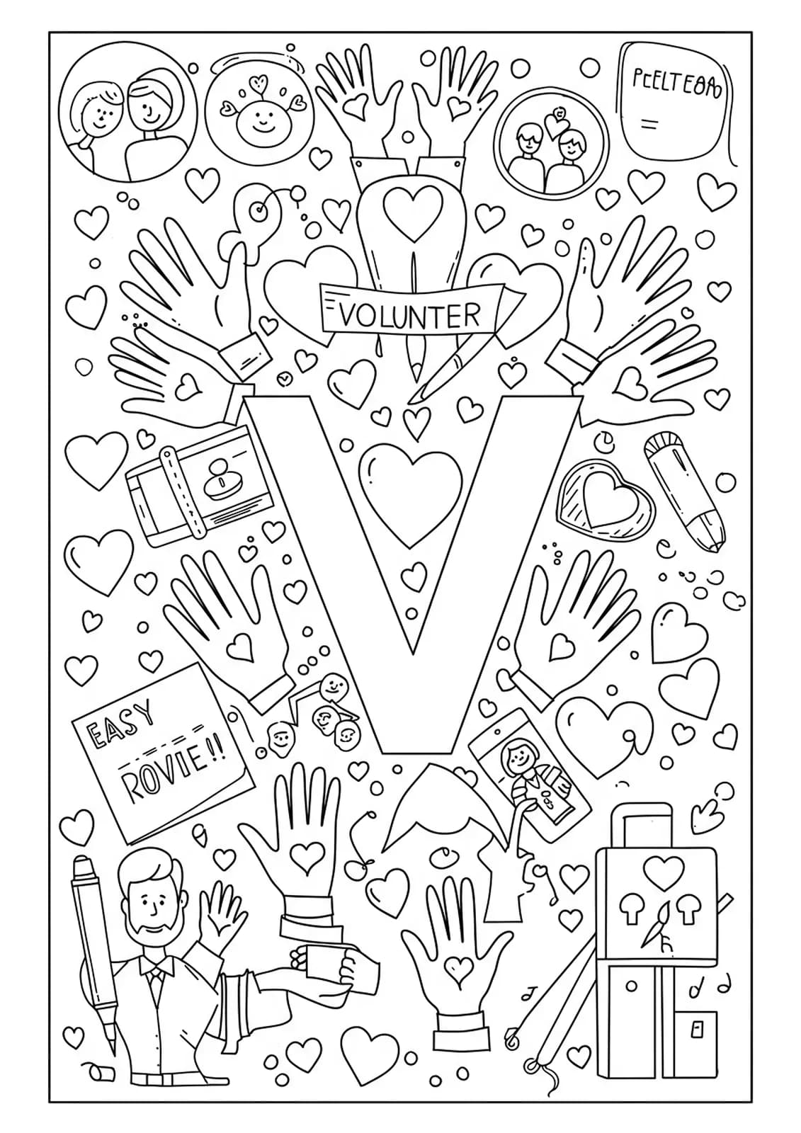 Printable coloring page for teens of letter V and volunteering scene with hands and hearts.