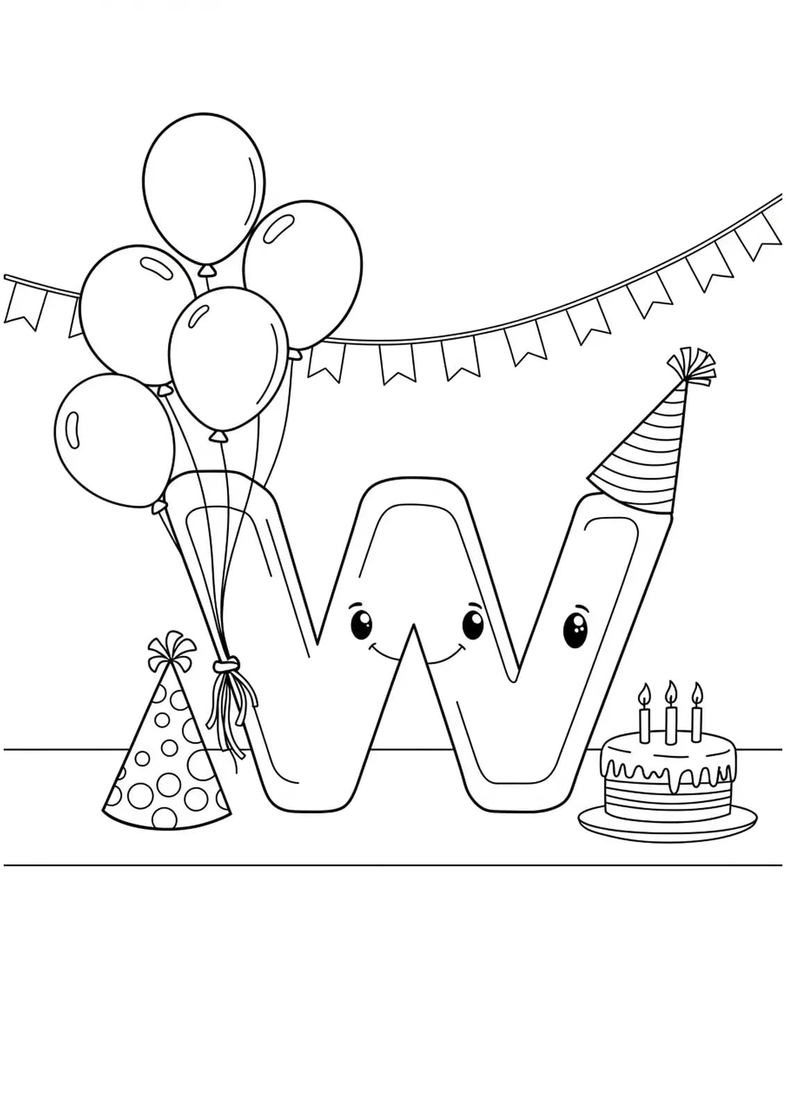Large letter W with balloons, party hat, and birthday cake