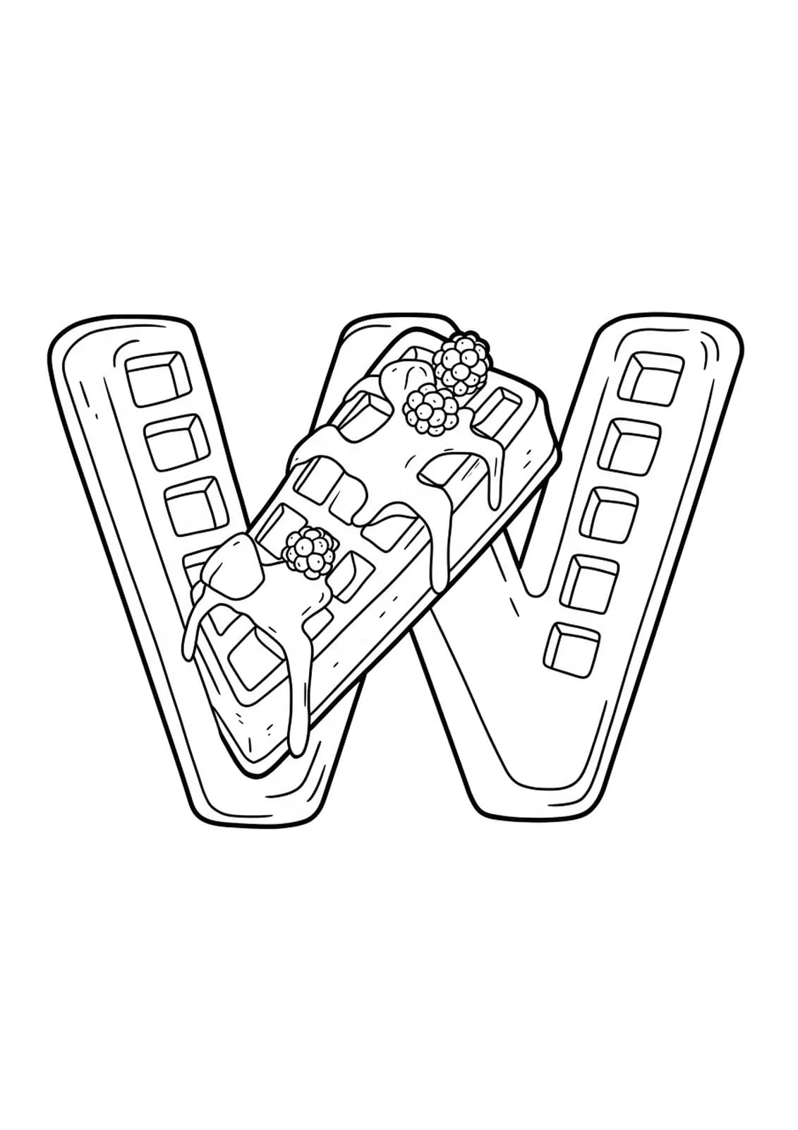 Letter W with a waffle, syrup, and berries for breakfast food coloring page.