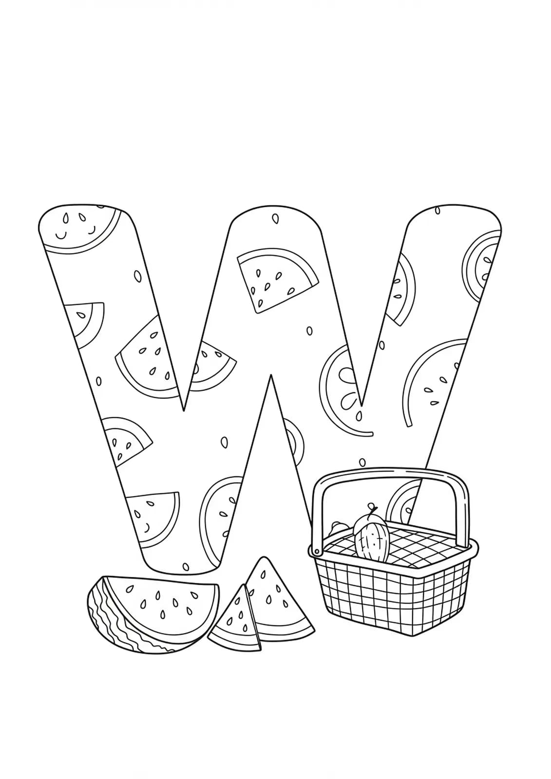 Letter W with watermelon slices and a picnic basket
