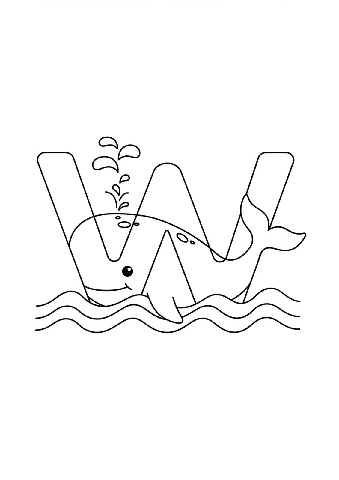 Large letter W with a smiling whale and simple ocean waves