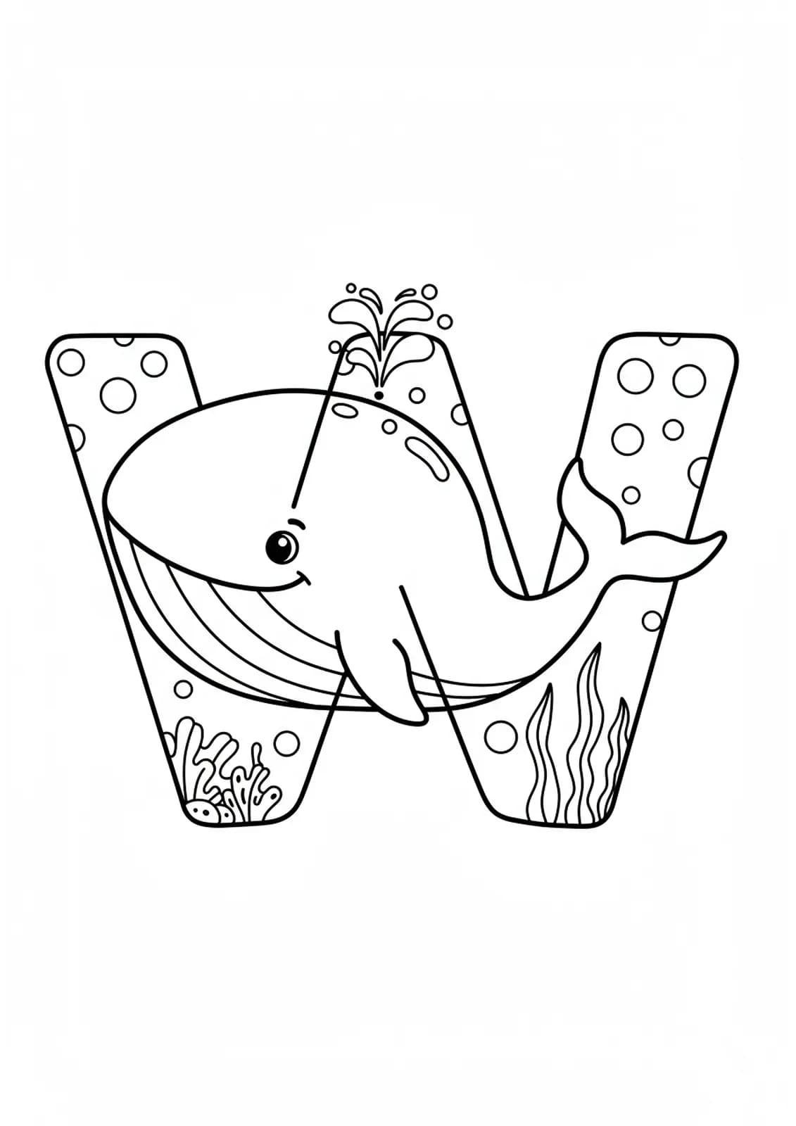 Letter W with a whale, bubbles, and seaweed for under the sea theme.