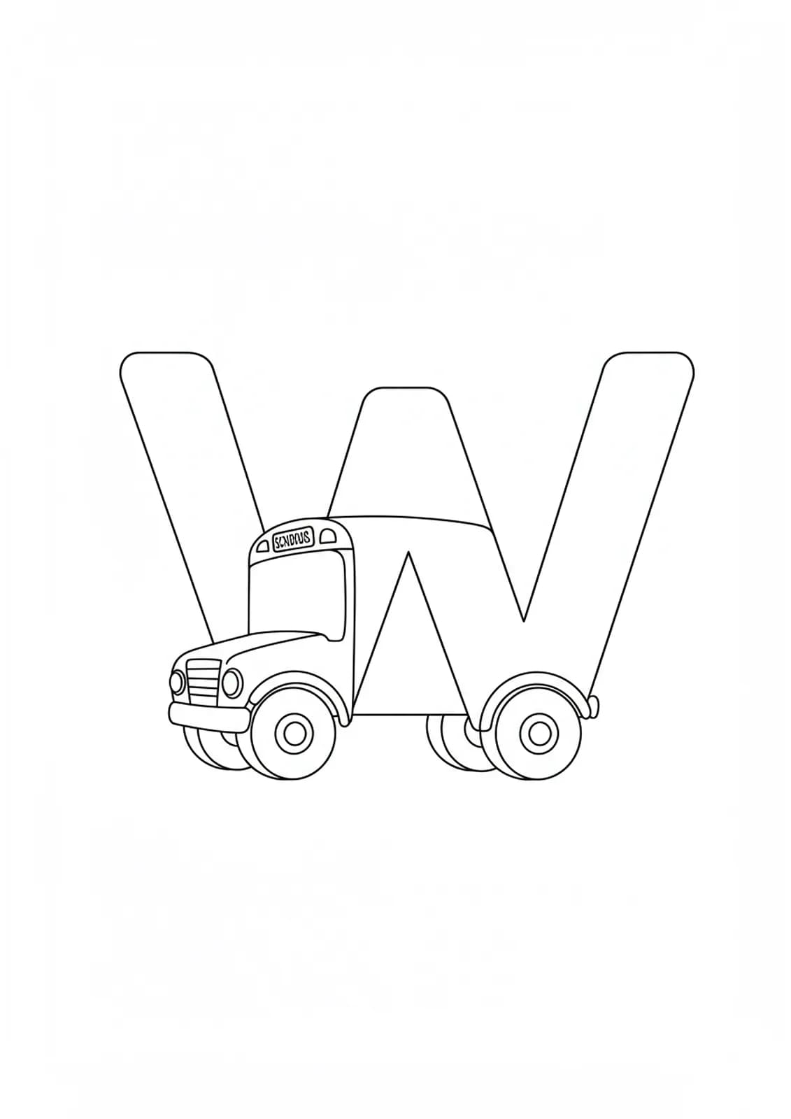 Large letter W with a simple school bus and big wheels
