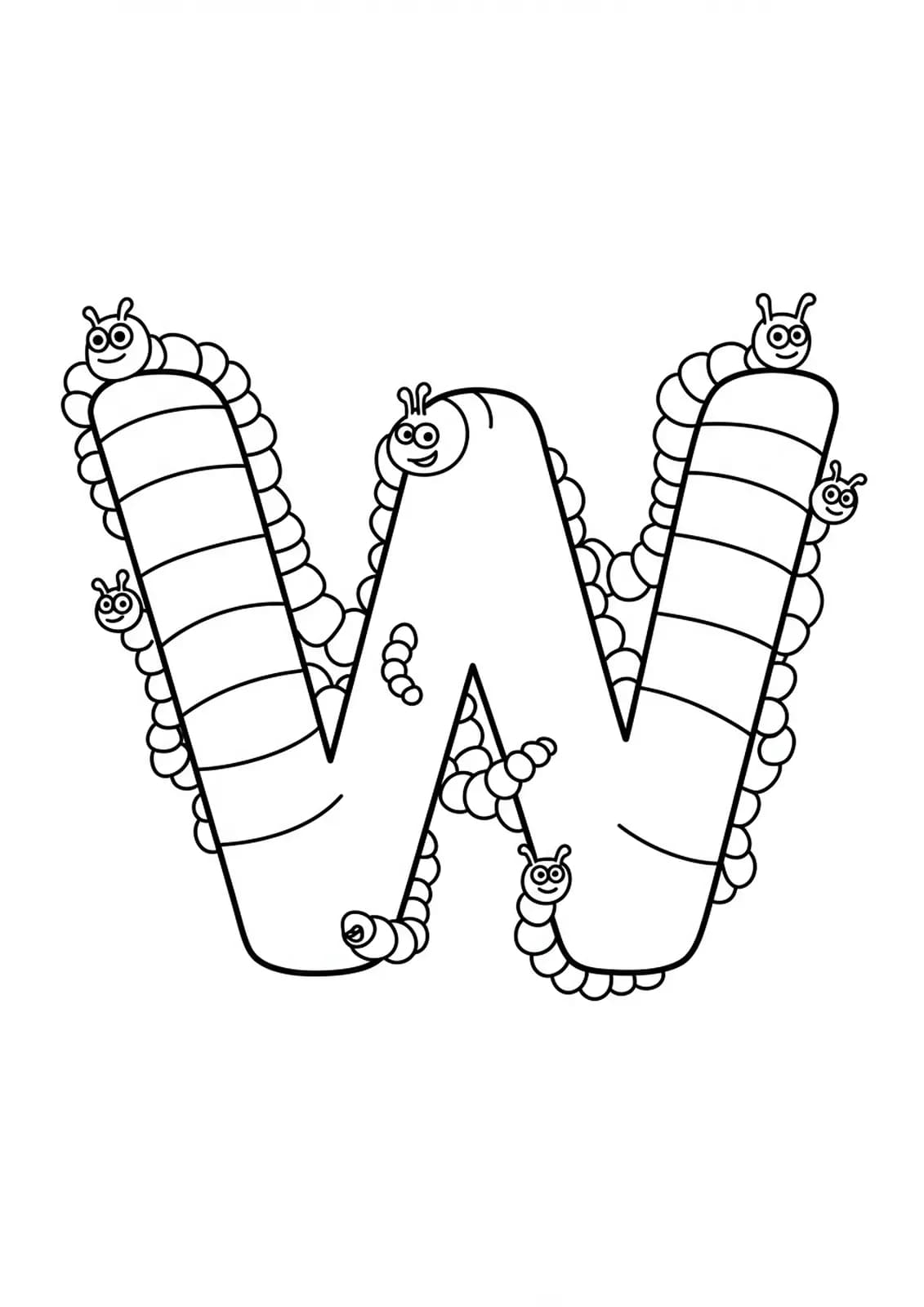 Large letter W with wiggly worms and smiling faces