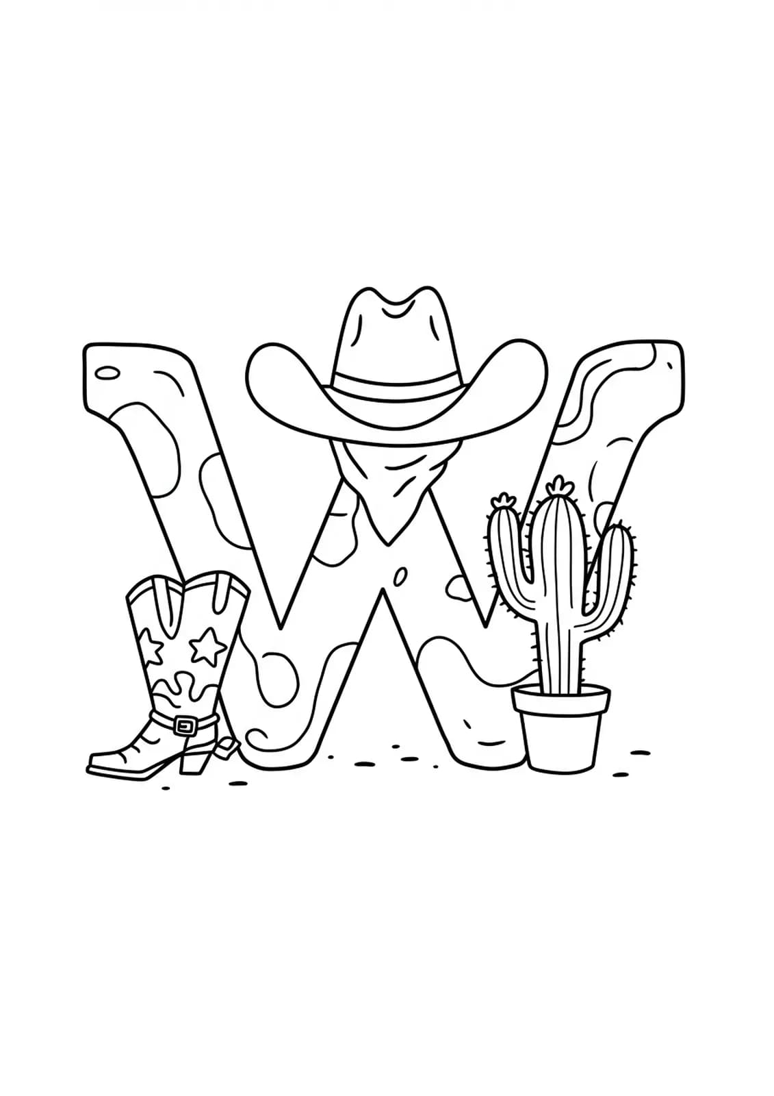 Large letter W decorated with cowboy hat, boots, and a cactus.