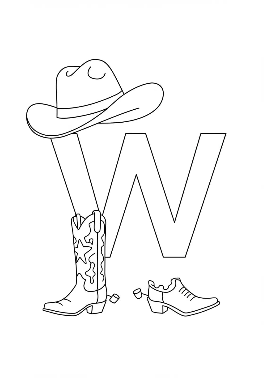 Big letter W with cowboy boots and a cowboy hat for Wild West theme