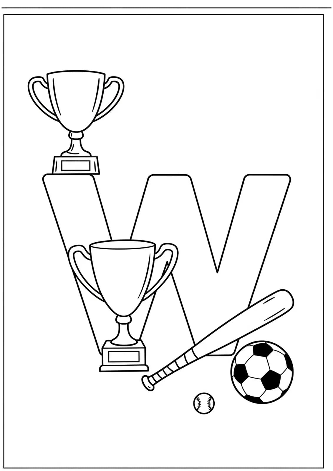 Letter W with a trophy, soccer ball, and baseball bat for sports theme.