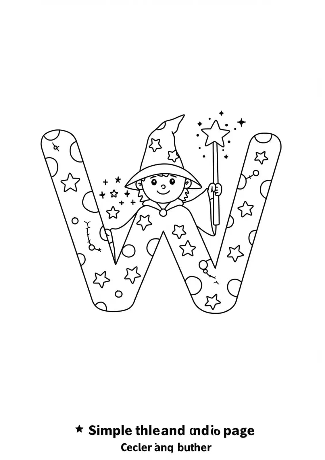 Letter W with a cartoon wizard, magic wand, and stars, designed for preschool coloring fun.