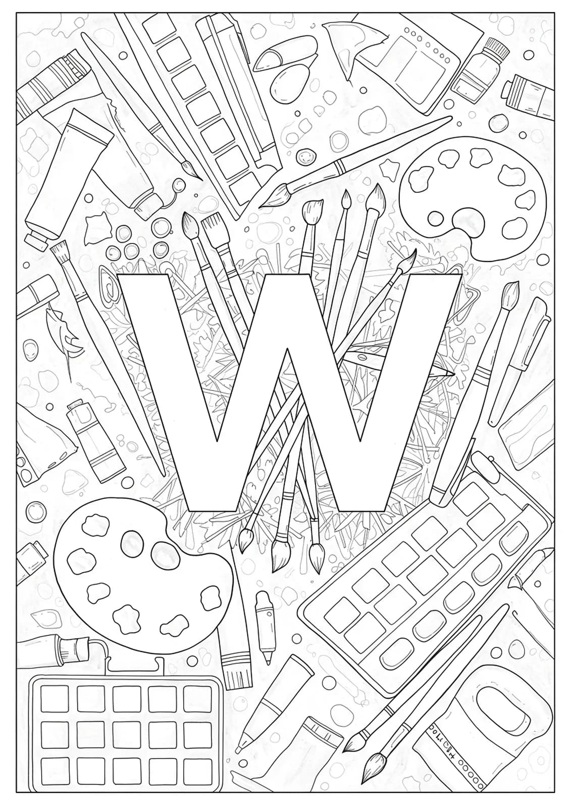 Letter W decorated with easy outlines of paintbrushes, palettes, and paint tubes.