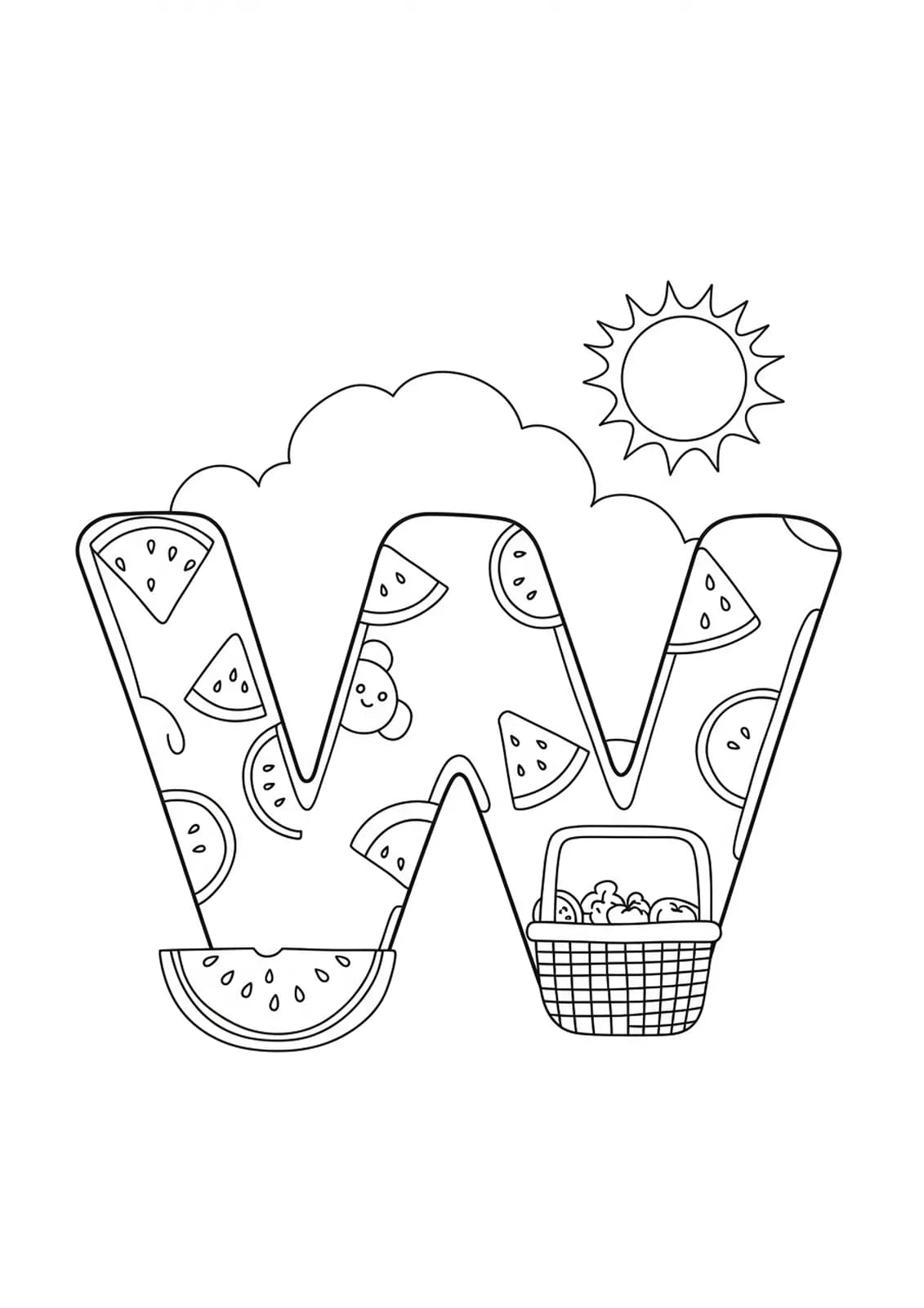 Letter W with watermelon slices, a picnic basket, and sun, perfect for preschoolers.