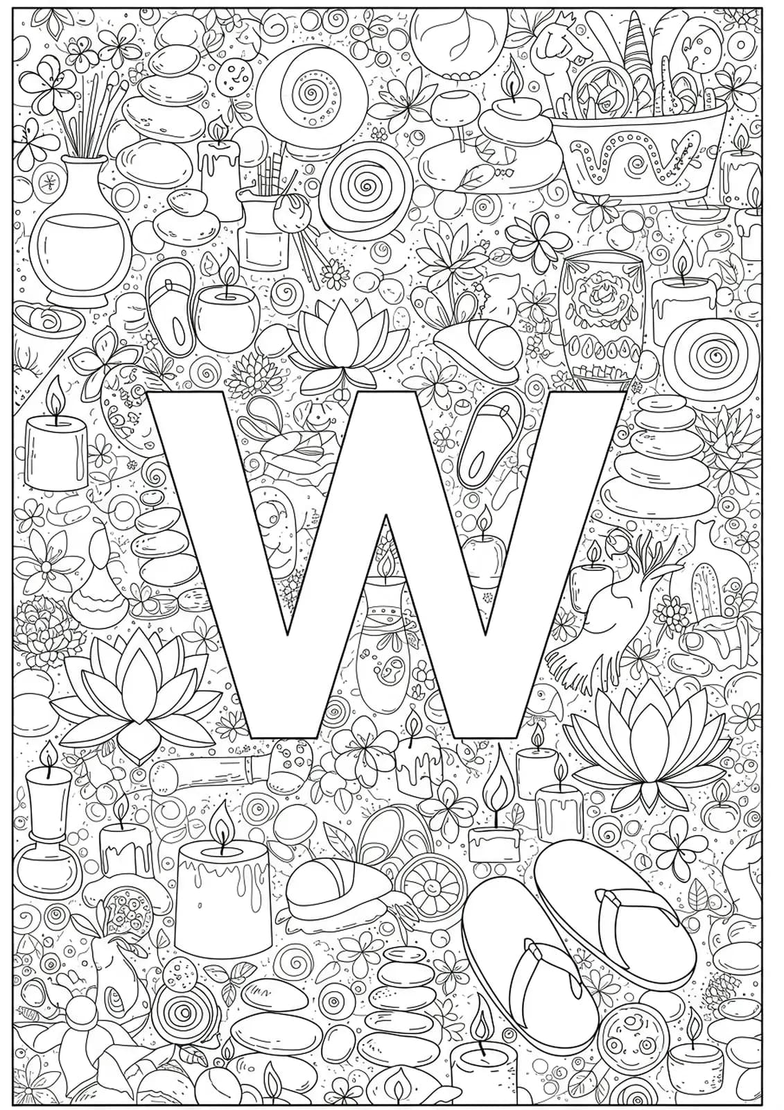 Letter W outlined with easy icons of candles, lotus flowers, and slippers for wellness theme.