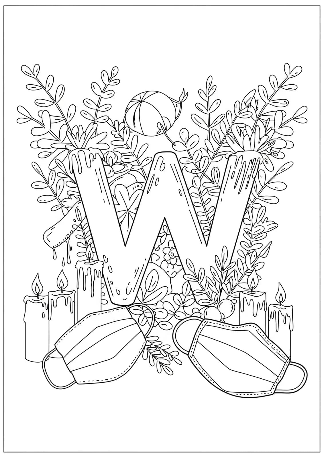 Letter W with outline drawings of spa candles, face masks, and leafy plants, an easy teen coloring page.