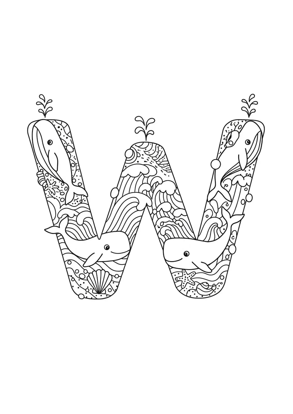 Letter W with playful whales, waves, and seashells in an ocean-themed coloring page for preschool.