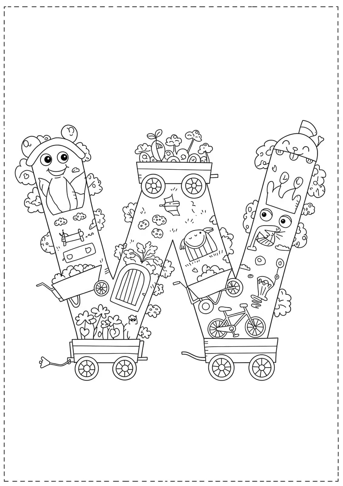 Letter W with wagons, wheelbarrows, and bicycles, vehicle-themed for preschool coloring.