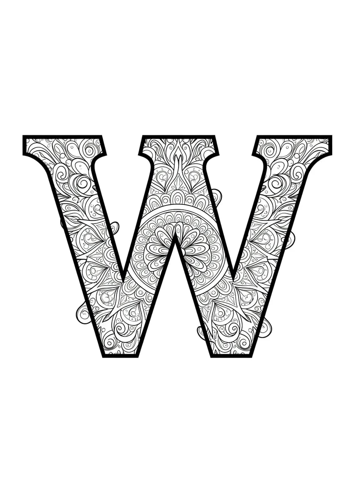 Black and white letter W filled and surrounded by mandala patterns, medium detail.