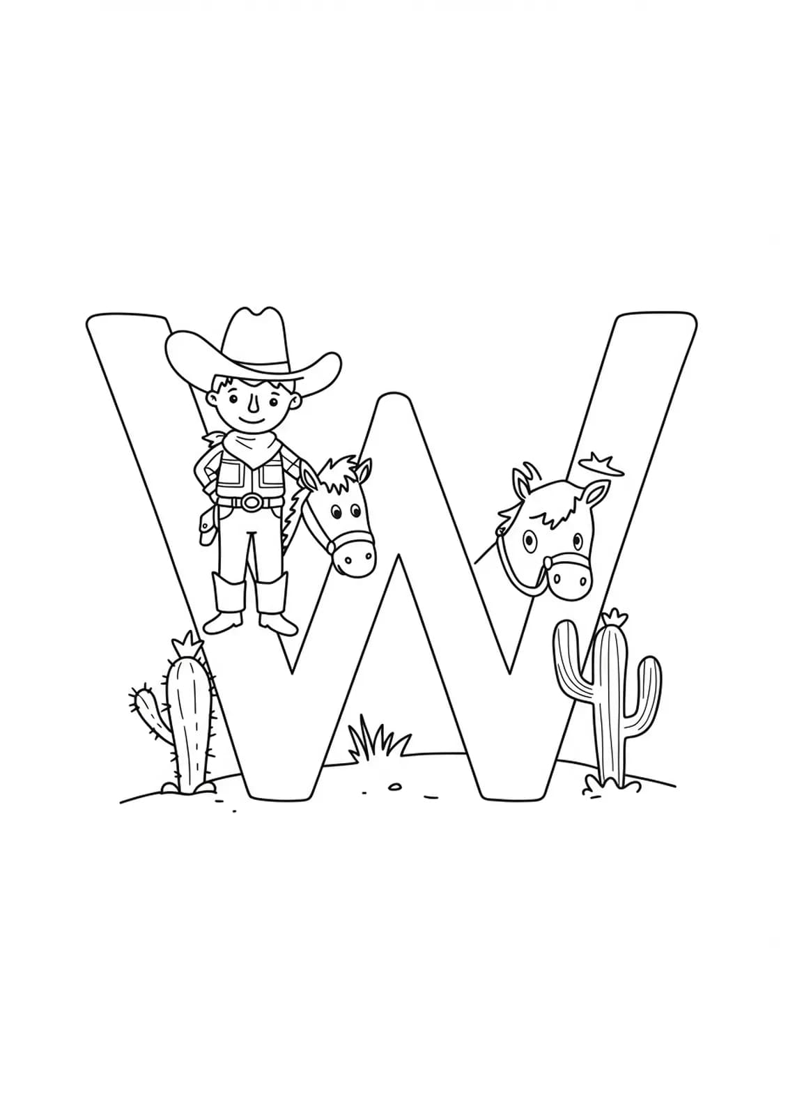 Letter W with a cowboy, horse, and cactus, themed for a wild west preschool coloring page.