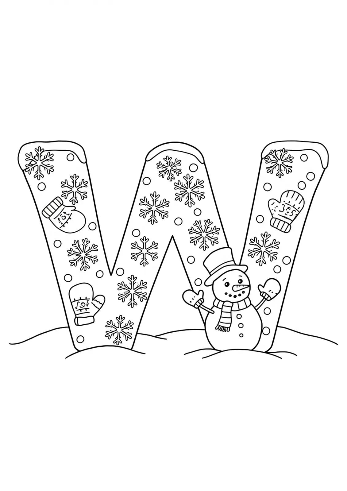 Letter W decorated with snowflakes, a snowman, and woolly mittens in a winter scene for preschool coloring.