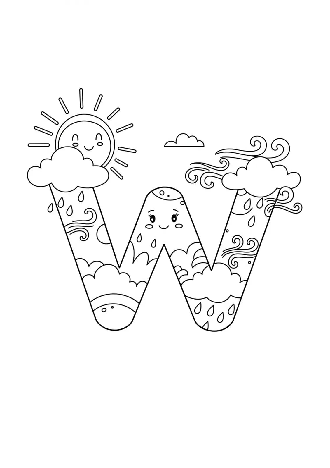 Letter W with sun, clouds, wind, and raindrops, weather-themed for preschool coloring.