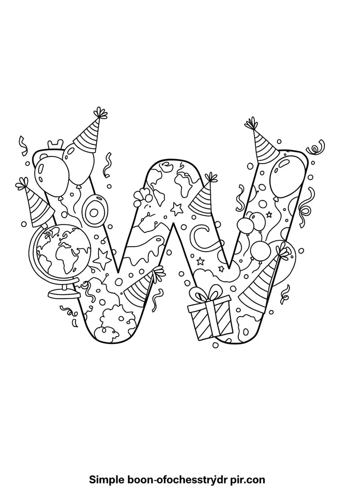 Letter W with globes, party hats, balloons, and confetti for a world celebration preschool coloring page.