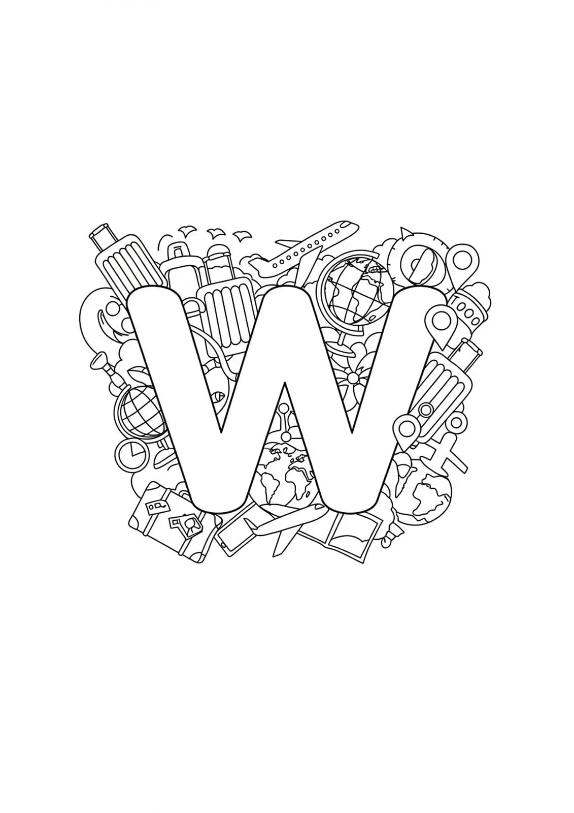Outlined letter W with simple travel icons like suitcases, airplanes, and globe.
