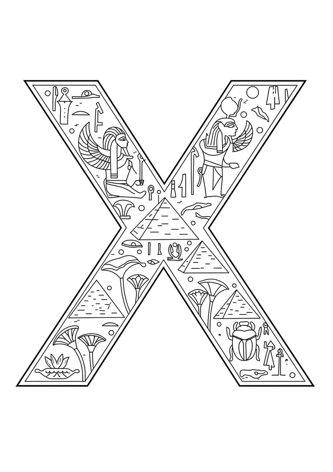 Letter X with Ancient Egyptian motifs, pyramids, hieroglyphs, and lotus flowers, medium complexity.