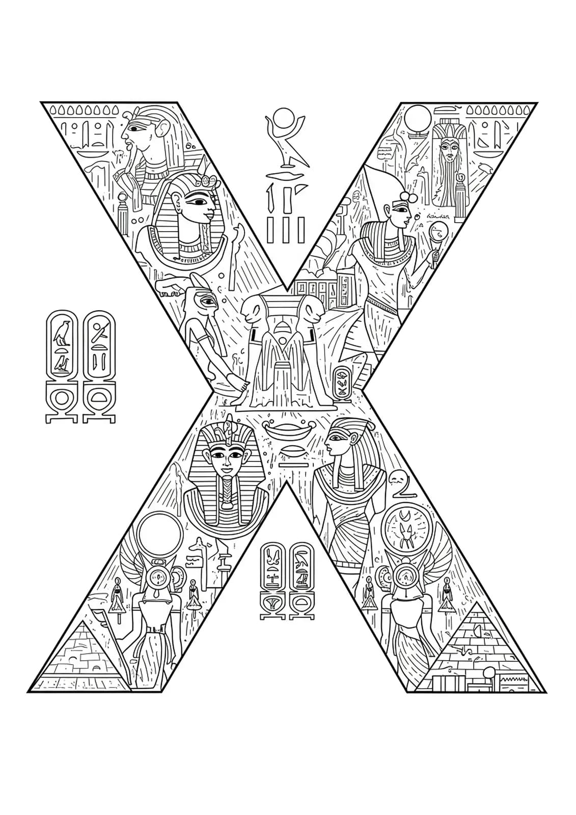 Elaborate letter X decorated with Egyptian hieroglyphs, pharaohs, scarabs, and pyramids, hard coloring page for teens.