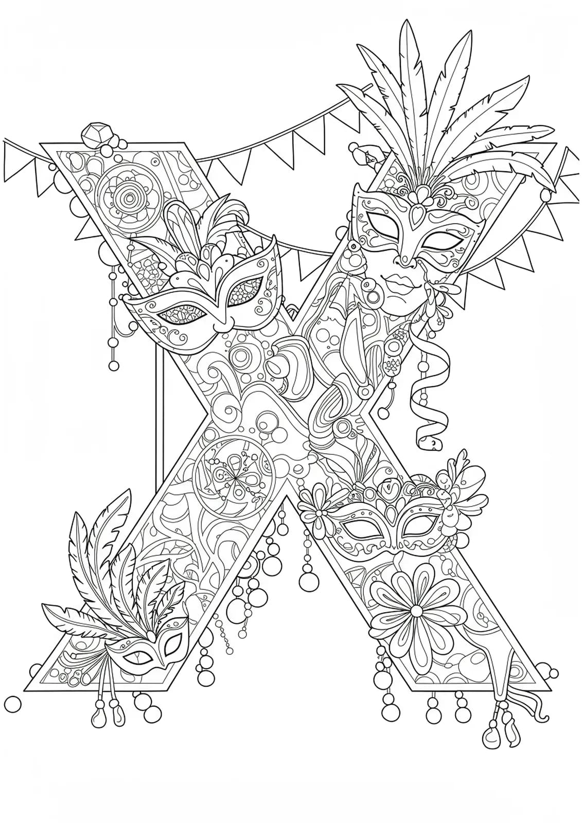 Letter X decorated with masquerade masks, feathers, and ornate carnival motifs, medium complexity.