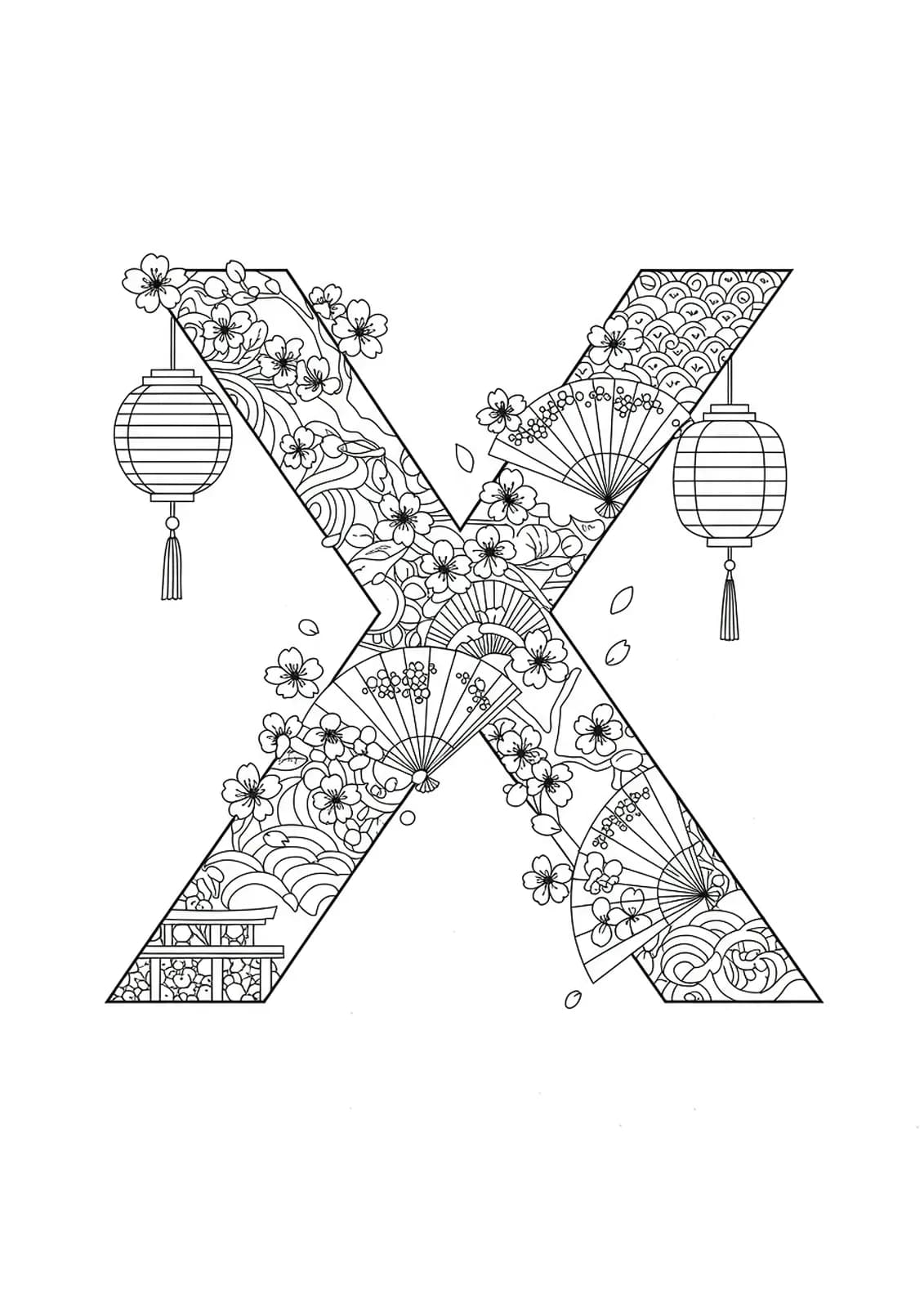 Medium level coloring page with the letter X surrounded by cherry blossoms, lanterns, and Japanese fans.